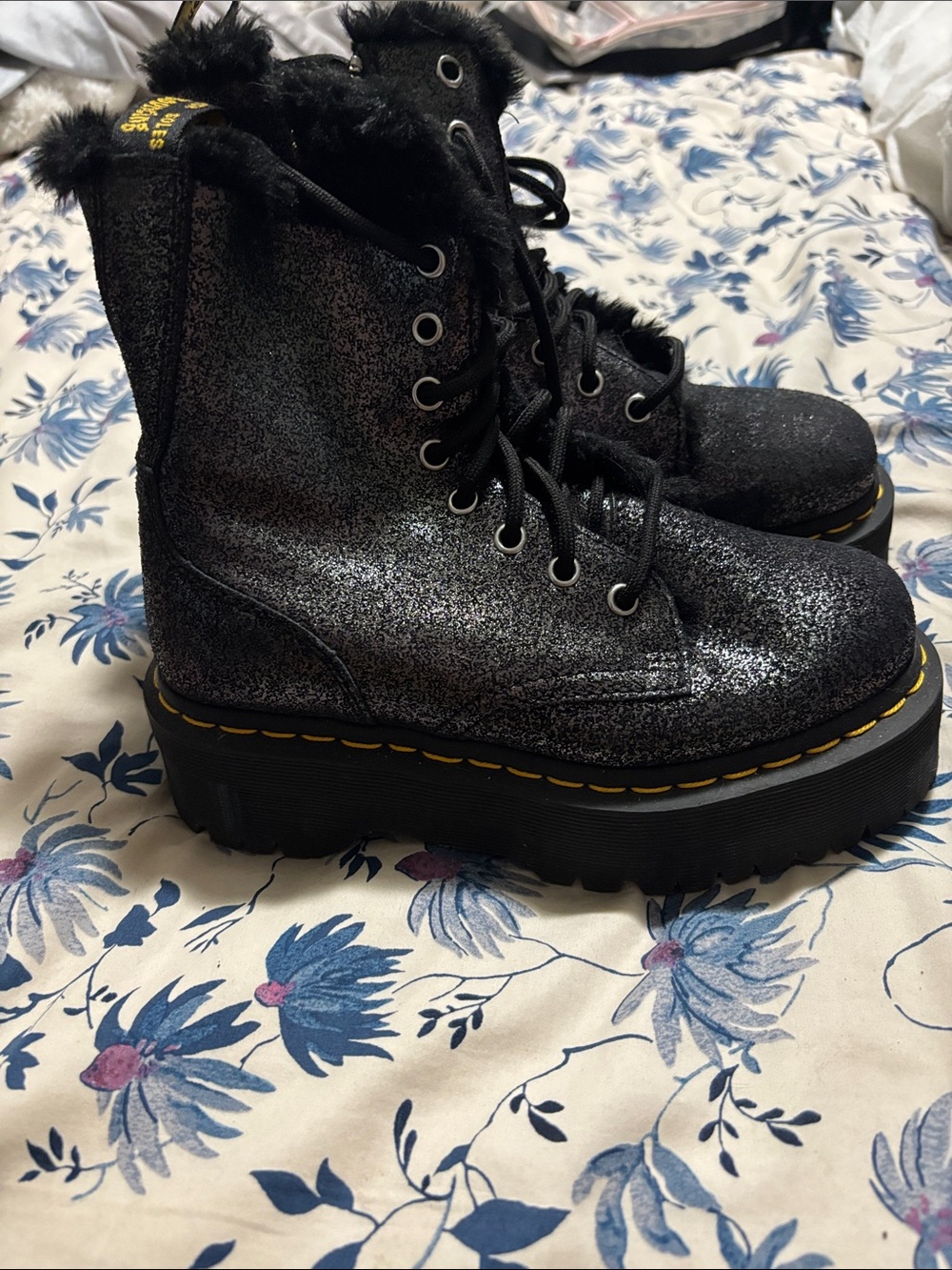Dr. Martens Black Glitter Platform Lace-Up Boots with Faux Fur Collar